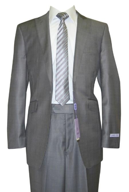 1 Button Peak Lapel Grey Shark Wool  Blend Flat Front Fitted Suit