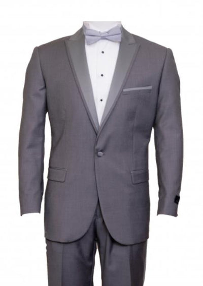 Men's Mid Gray 1 Cover Button Front Closure Slim Fit Suit Peak Lapel Tuxedo Suit - Wide Lapel Tuxedo