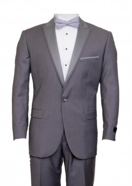 Men's Mid Gray 1 Cover Button Front Closure Slim Fit Suit Peak Lapel Tuxedo Suit - Wide Lapel Tuxedo