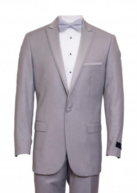 Men's Light Gray 1 Cover Button Front Closure Slim Fit Suit Peak Lapel Tuxedo Suit - Wide Lapel Tuxedo