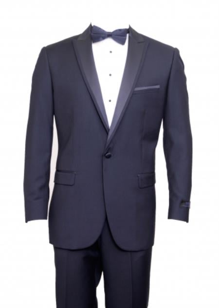 Men's Navy Flap Pocket Top Satin Trim Slim Fit Suit Peak Lapel Tuxedo Suit - Wide Lapel Tuxedo