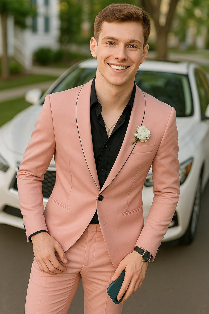 Slim Fit Pink Tuxedo Suit with Black Trim