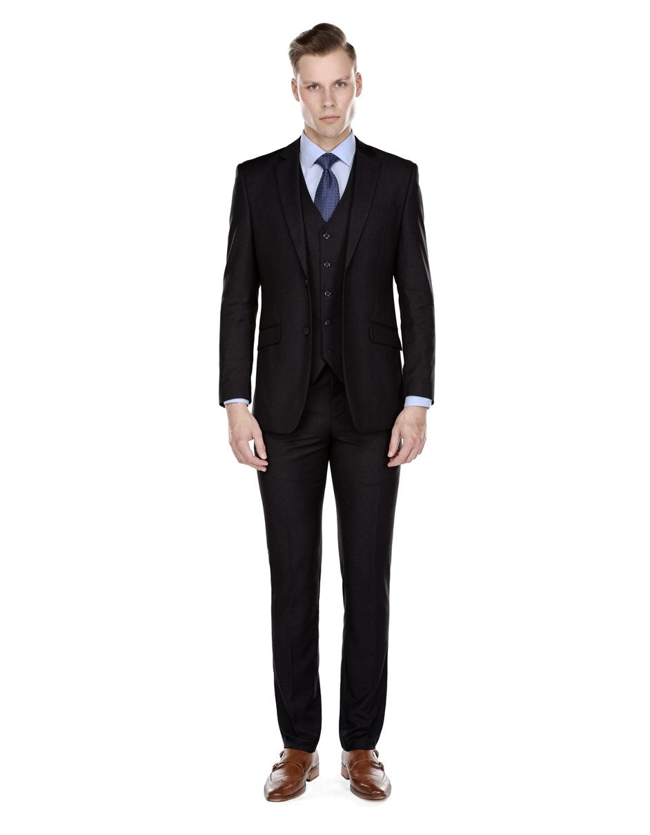 Mens Slim Fit Black Vested Suit by Braveman