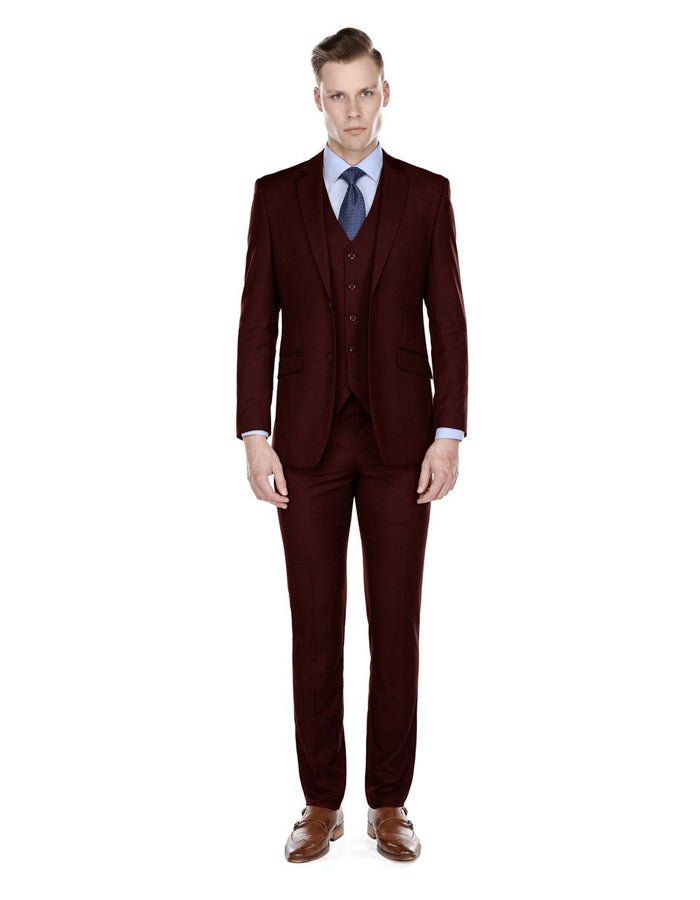 Mens Slim Fit Vested Suit Burgundy by Mensitaly