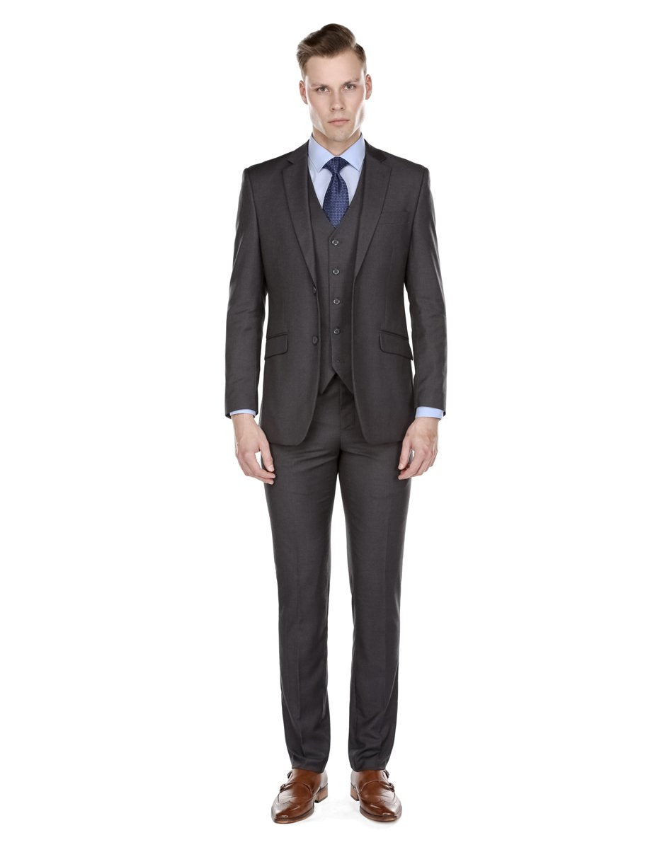 Mens Slim Fit Vested Charcoal Suit by Braveman