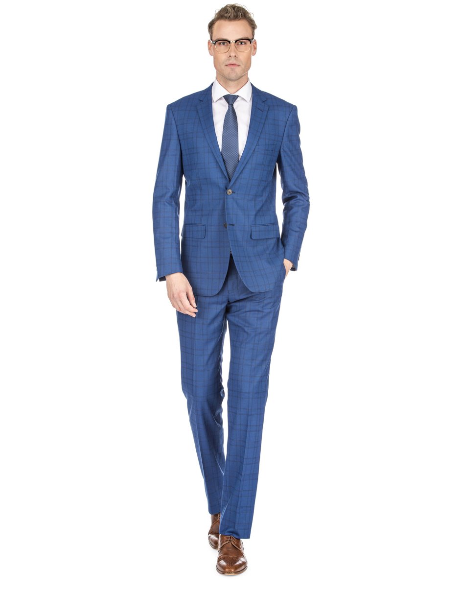 Slim Fit Window Pane Suit in Dark Blue