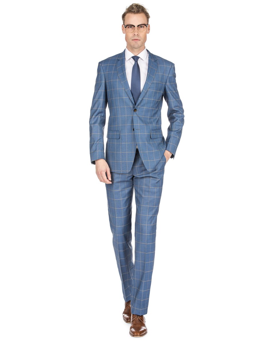 Slim Fit Teal Blue Windowpane Suit for Men