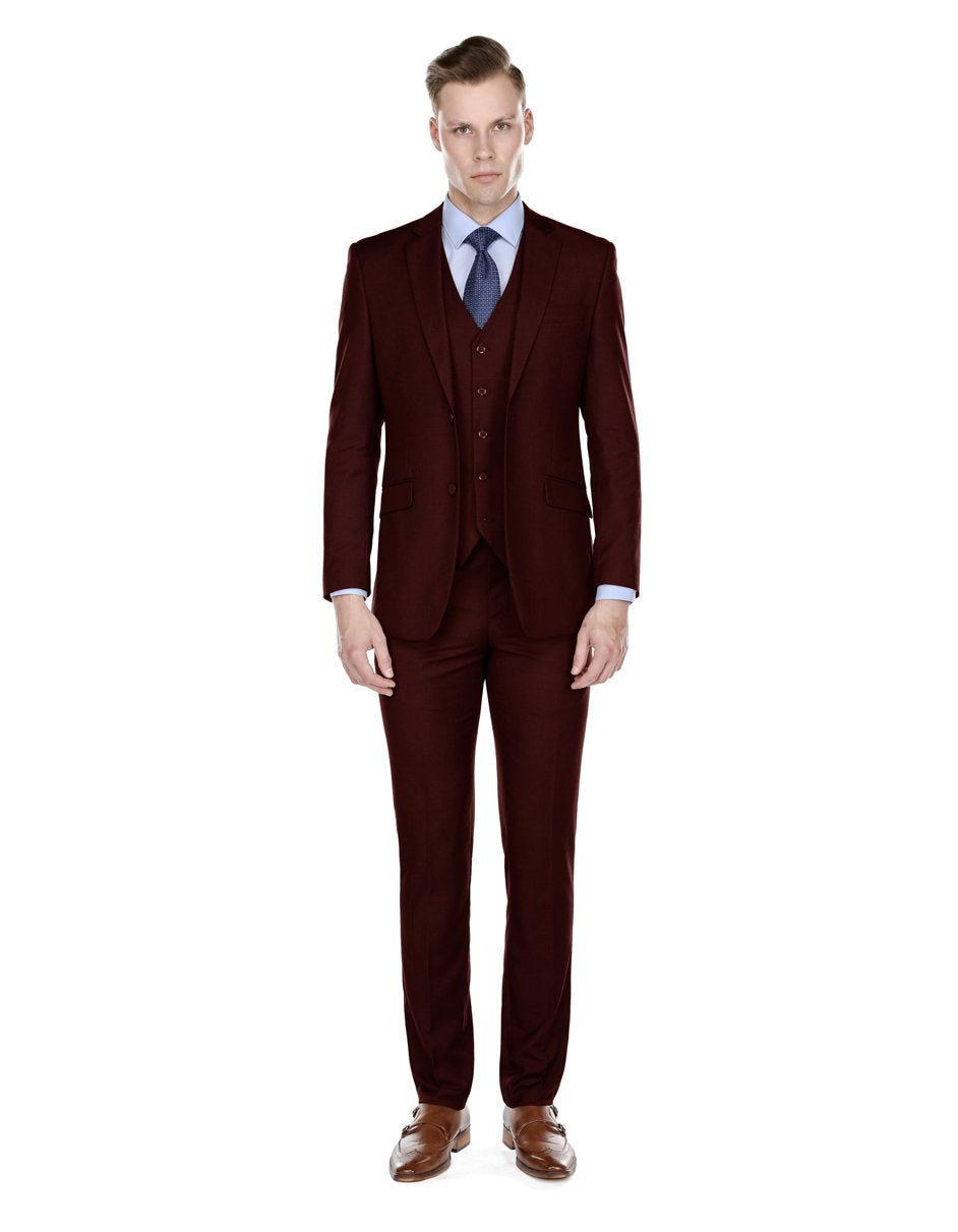 Mens Smart Slim Vested Suit in Burgundy