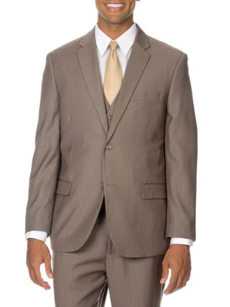 Men's 2 Button Tan / Taupe, Ton on Ton, Shadow Pinstripe Vested Cheap Priced Business Suits Clearance Sale