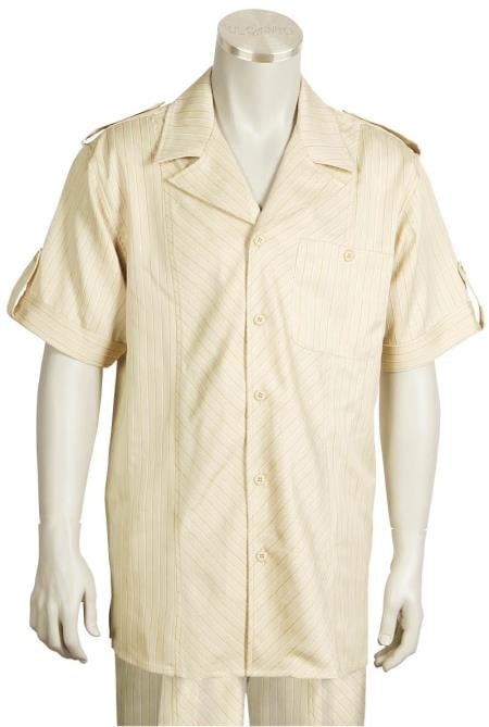Mens Walking Suit Men's 2 Piece Short Sleeve Two Piece Mens Walking Outfit Pant Sets Suit - Buttoned Accents Taupe Leisure Casual Suit For Sale