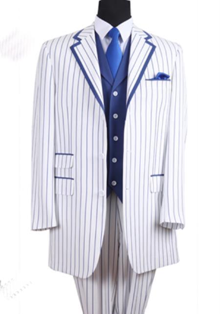 Men's 3 Button 35 Inch White/Blue Seersucker Sear sucker Zoot Suit - Pimp Suit - Zuit Suit Pinstriped Tuxedo Look Jacket + Pants