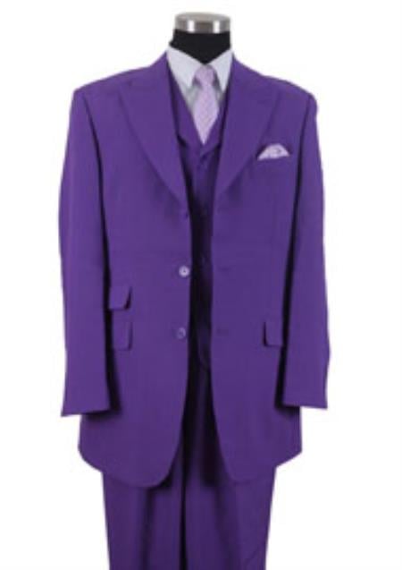Mens Three Piece Suit - Vested Suit Mens Purple Double side-vented back 3 Button Suits