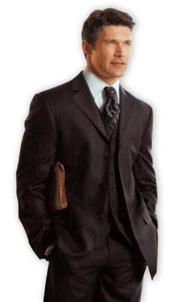 Vented Black Small Stripe ~ Pinstripe Vested Super 120's Poly-Rayon Developed By Nasa Available in 2 buttons only - Three Piece Suit