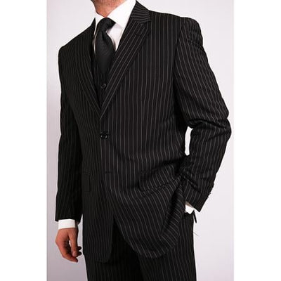Men's 3-Piece Black Bold White Chalk Bold Pinstripe Vested Cheap Priced Business Suits Clearance Sale