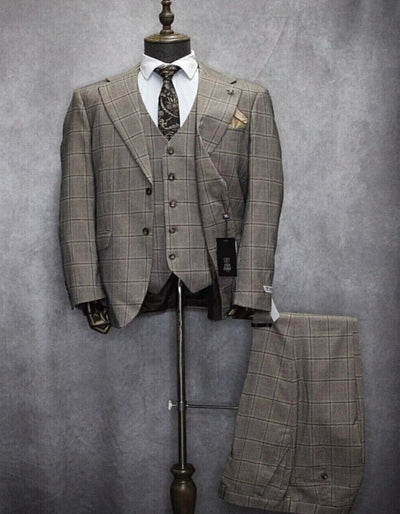 Plaid Two Button Notch Lapel Suit Tan Brown