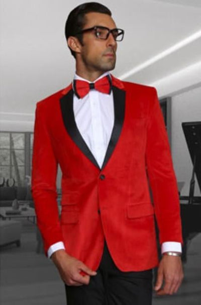 Men's Red Velvet Fabric Black Lapeled Tuxedo Discounted Cheap Priced velour Blazer Jacket For Men Sportcoat Jacket on Sale - Red Tuxedo