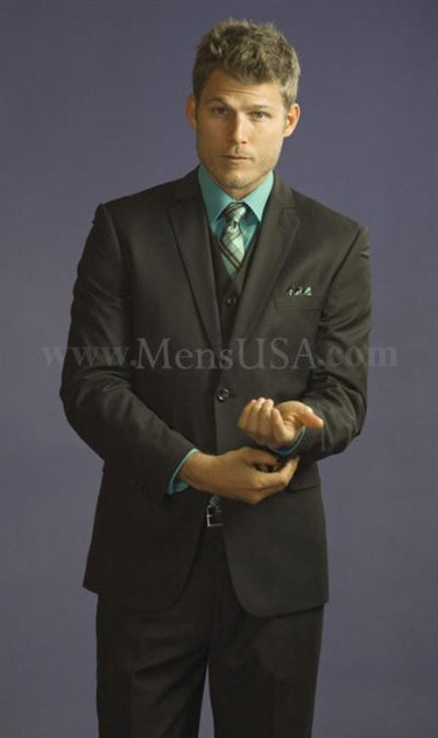 2 Button 3 Piece Black Tone on Tone Slim Fit affordable suit online sale - Three Piece Suit