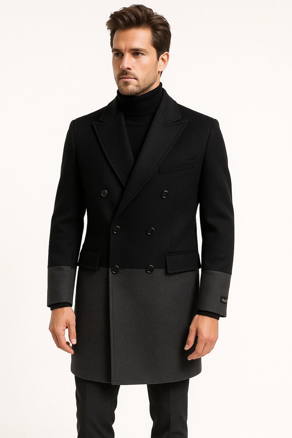 Two-Tone Double-Breasted Wool Overcoat