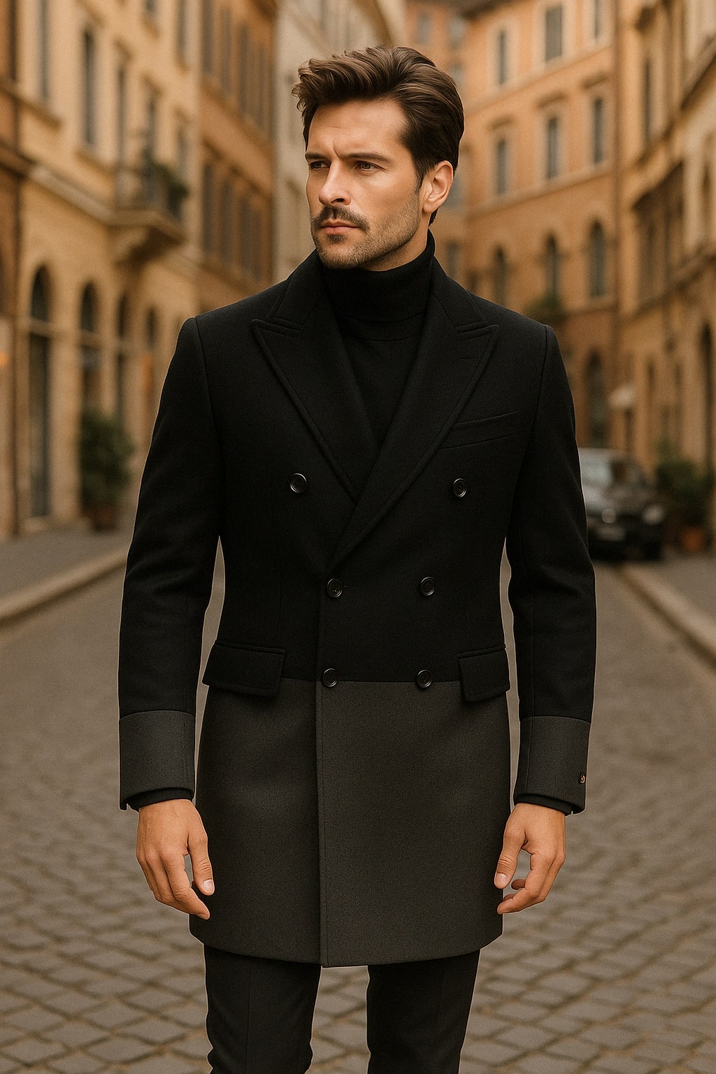 Two-Tone Double-Breasted Wool Overcoat