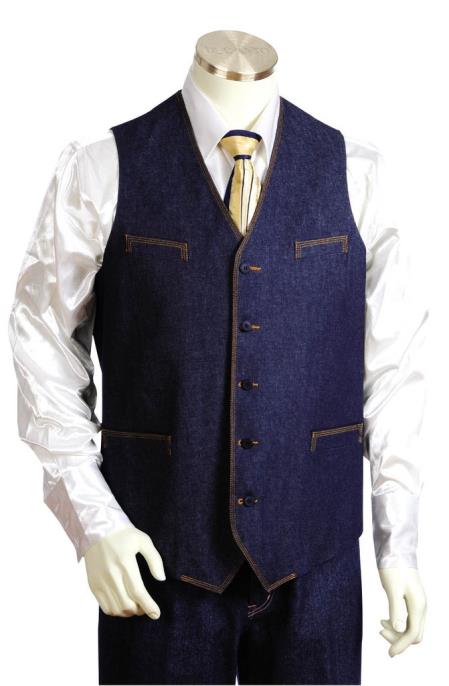 Men's 2pc Collarless Denim Vest and Pants Blue