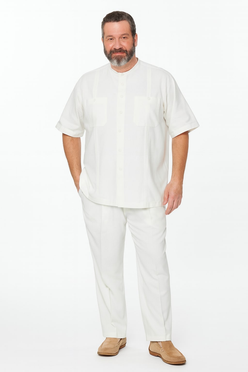 White Banded Collar Two-Piece Linen Set