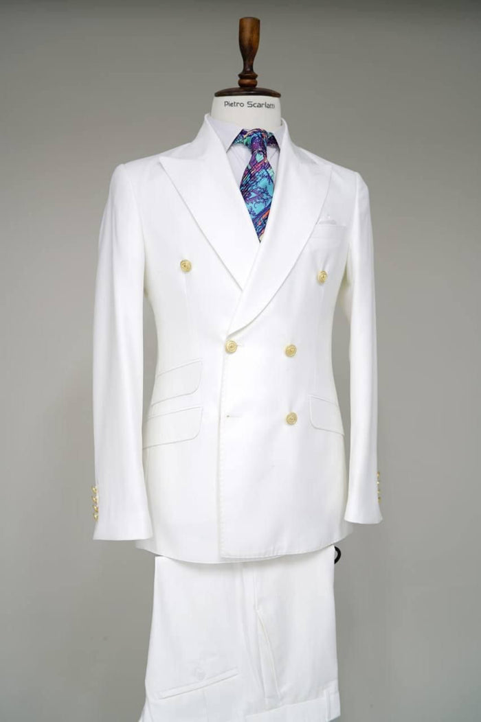 White Double-Breasted Suit with Gold Buttons