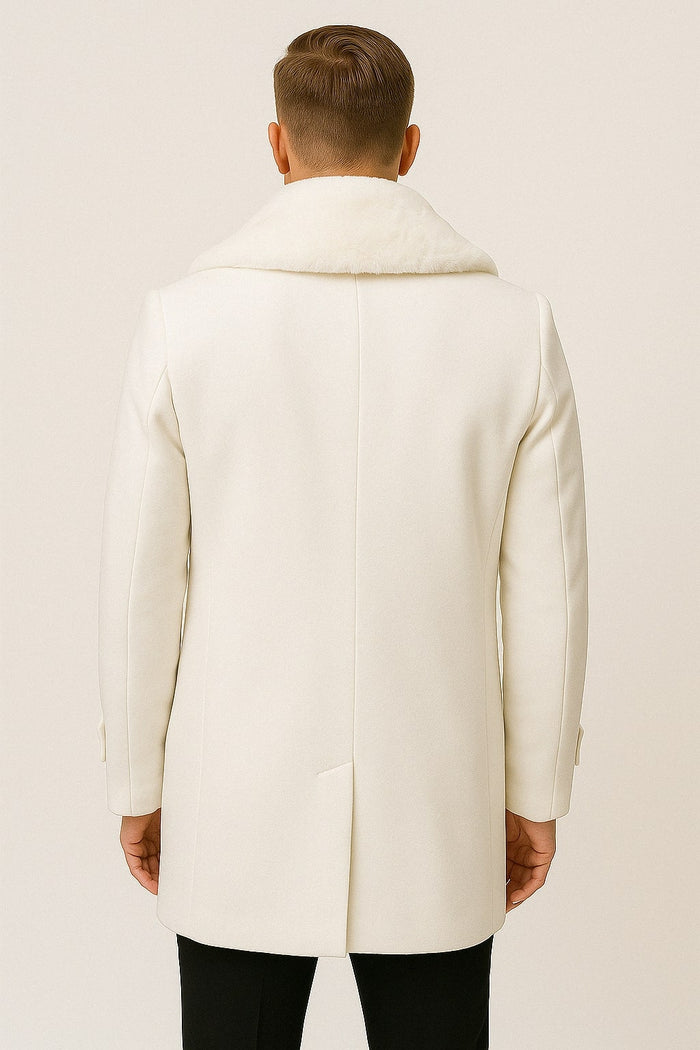 Mens Ivory Off White Cream Color Peacoat Double-Breasted Overcoat with Faux Fur Shawl Collar – Alberto Nardoni Collection Wool Fabric