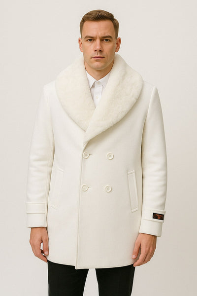 Mens Ivory Off White Cream Color Peacoat Double-Breasted Overcoat with Faux Fur Shawl Collar – Alberto Nardoni Collection Wool Fabric