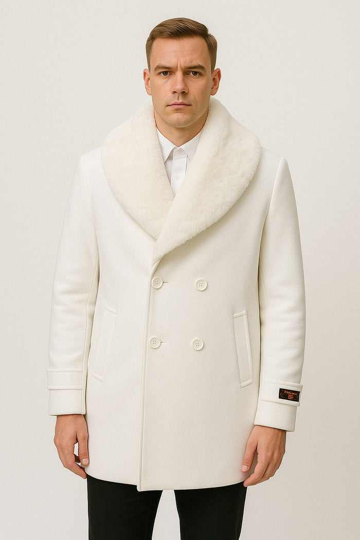 Men’s White Double-Breasted Overcoat with Faux Fur Collar