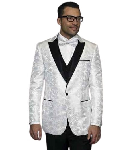 Floral White Men's Shiny Satin Dinner Jacket Blazer Paisley Sport Coat Flashy Silky Satin Stage Fancy Stage Party Dance Jacket Fashion Tuxedo For Men