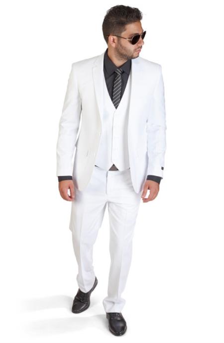Slim Fit Men 3 Piece Vested White Suit With Back Welt Pockets - Dress Suit For Men