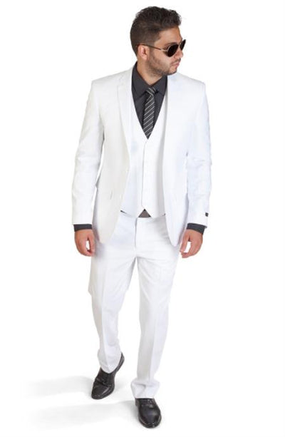 Slim Fit Men 3 Piece Vested White Suit With Back Welt Pockets - Dress Suit For Men