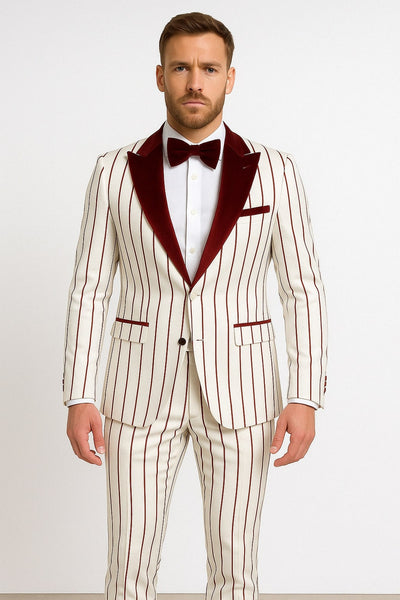 White & Burgundy Pinstripe Velvet Shawl Tuxedo