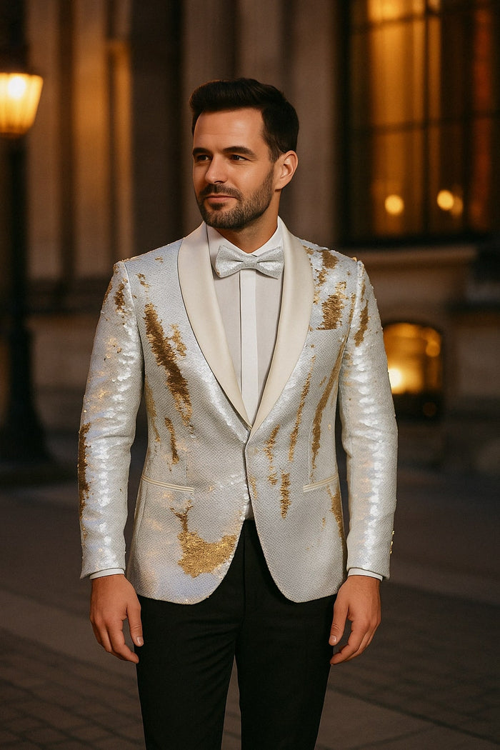 White and Gold Sequin Tuxedo Jacket Set