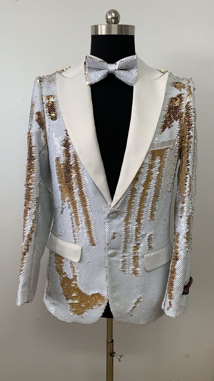 White and Gold Sequin Tuxedo Jacket Set