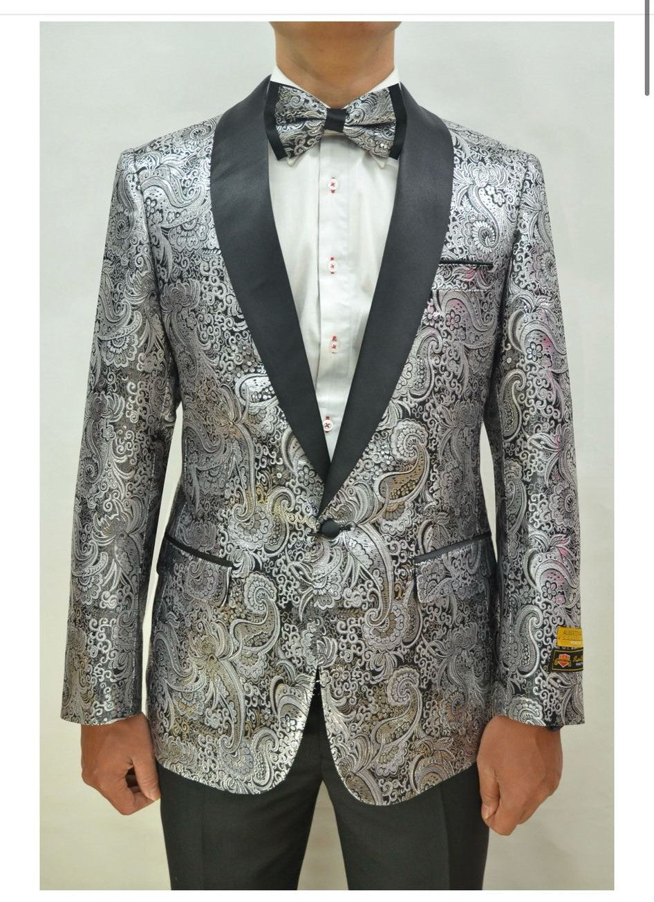 Silver & Black Paisley Tuxedo Blazer with Bow Tie
