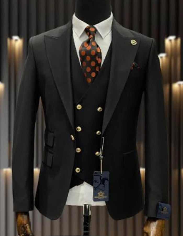 Men’s Black Wool Suit with Gold Buttons, One Button Formal Wedding Business Suit with Double Breasted Vest