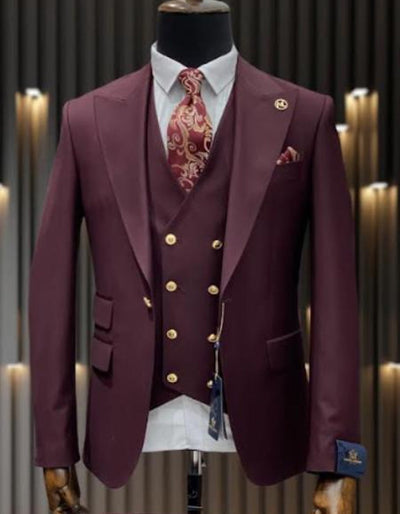 Burgundy One Button Wool Suit with Gold Accents