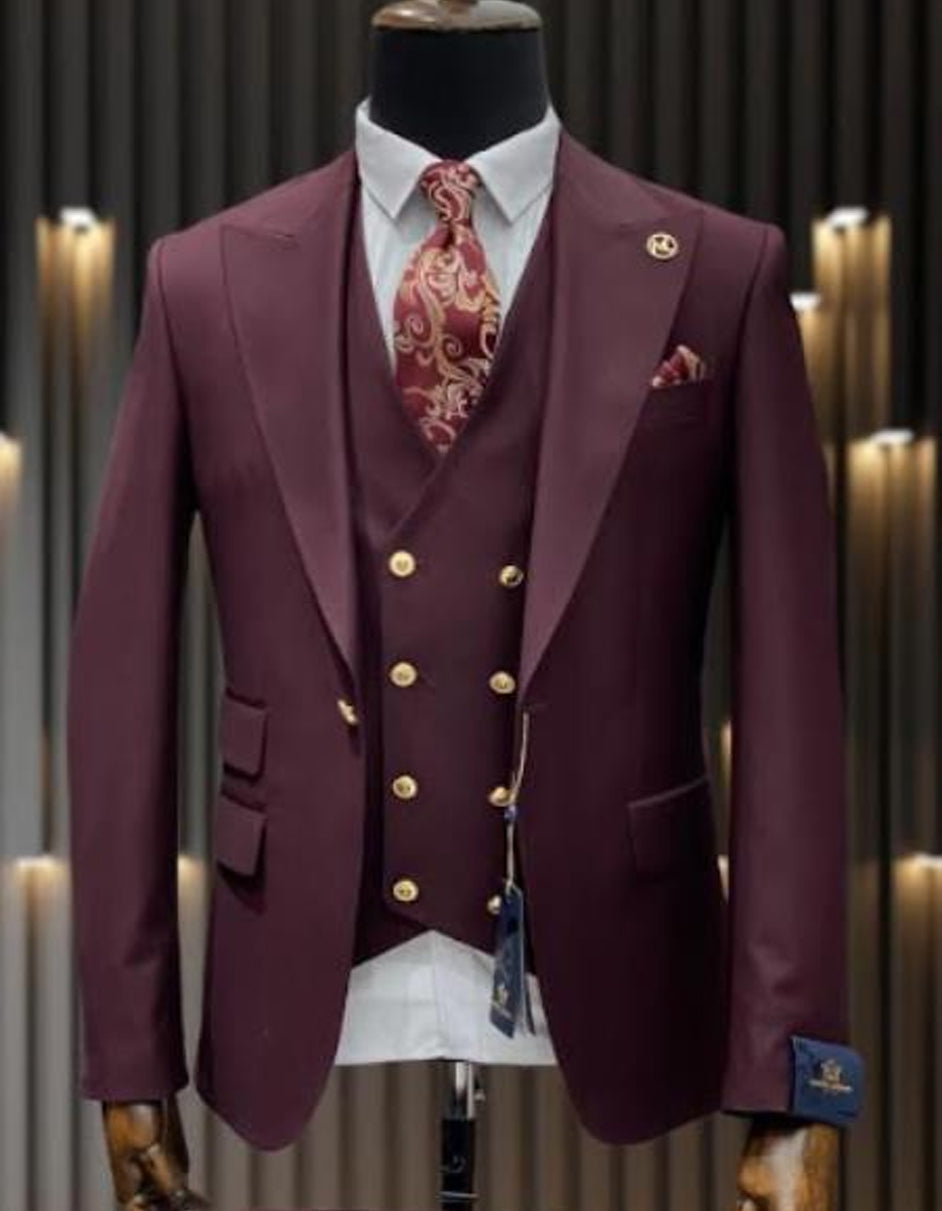 Burgundy One Button Wool Suit with Gold Accents