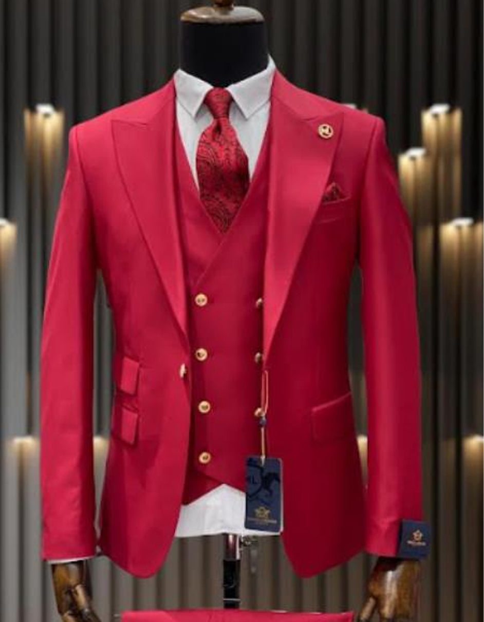 One Button Vested Wool Suit with Gold Buttons