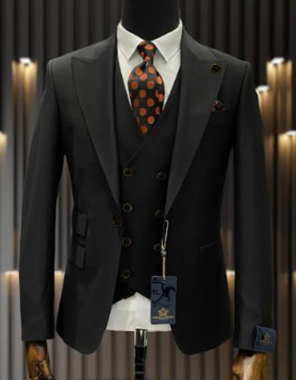 Black Wool Double Breasted Suit with Vest