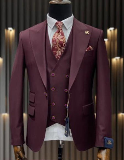 Burgundy Wool Double Breasted Suit & Vest: Braveman