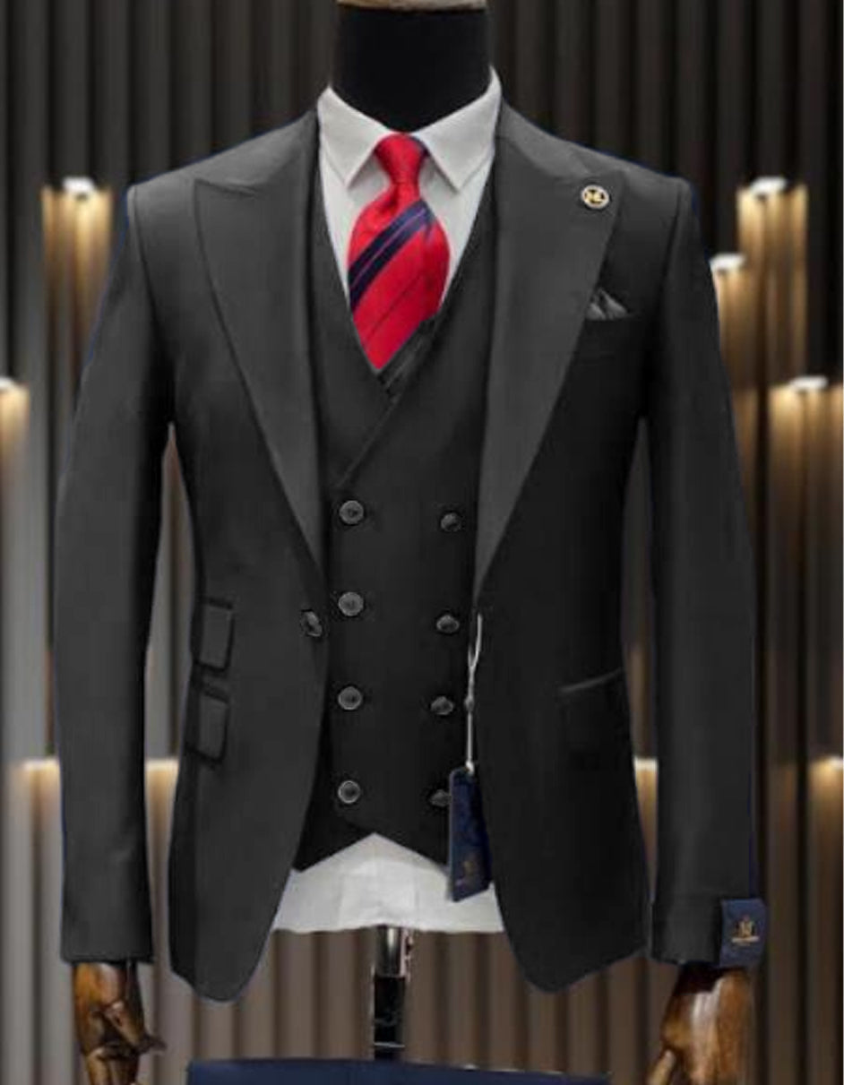Charcoal Grey Peak Lapel Wool Suit with Vest