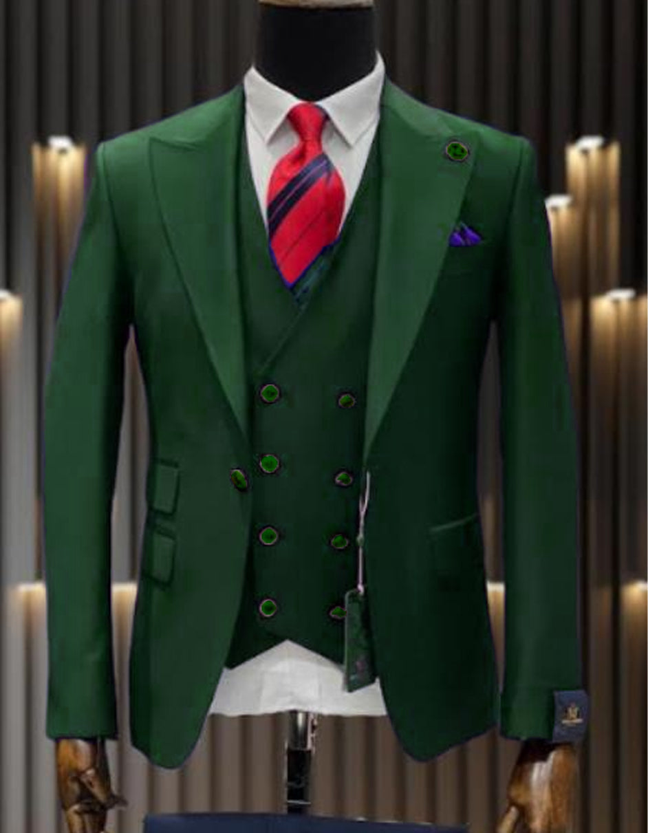 Hunter Green Wool Suit: Peak Lapel, Double Breasted