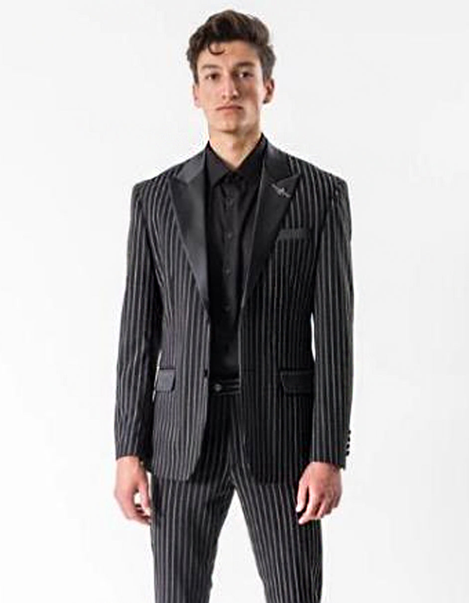 Men’s 2 Button Black Pinstripe Tuxedo