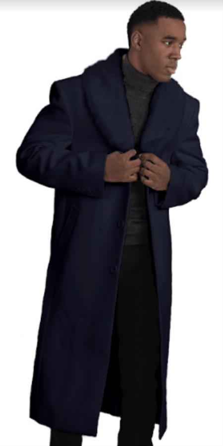 Men's Topcoat with Fur Collar - Navy