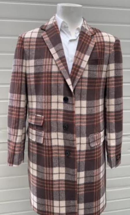 Mens Plaid Wool Three Quarter Overcoat