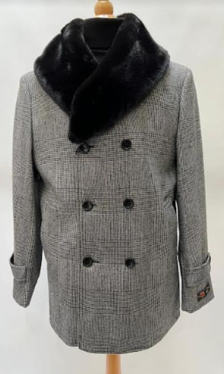 Mens Plaid Overcoat - Double Breasted Peacoat