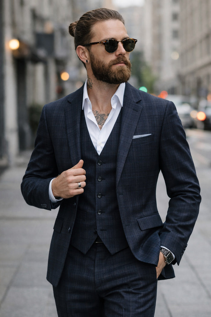 Mens Ultra Slim Fit Vested Suit - Plaid Windowpane Pattern Three Piece Suit in Navy Checker