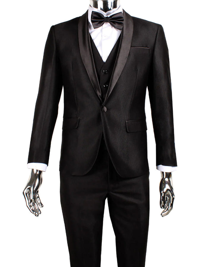 Men’s Black Sharkskin Vested Tuxedo, 1 Button Shawl Lapel Formal Wedding Prom Suit